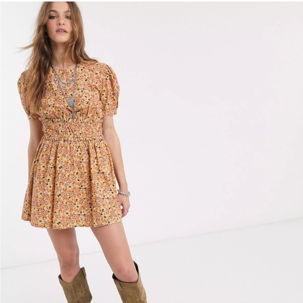 Free People Pennie Cinched Waist Floral Mini Dress in Yellow Gold Honey Comb XS - Picture 1 of 11